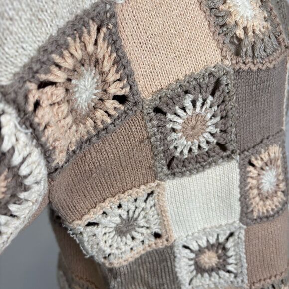 VTG Talbots Womens L Granny Square Cardigan Sweater Hand Knit Boho Hippie Retro - Picture 5 of 7